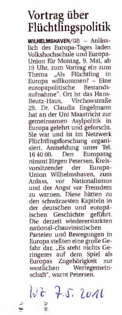 Die Pressemitteilung in der Wilhelmshavener Zeitung am 7. Mai 2016