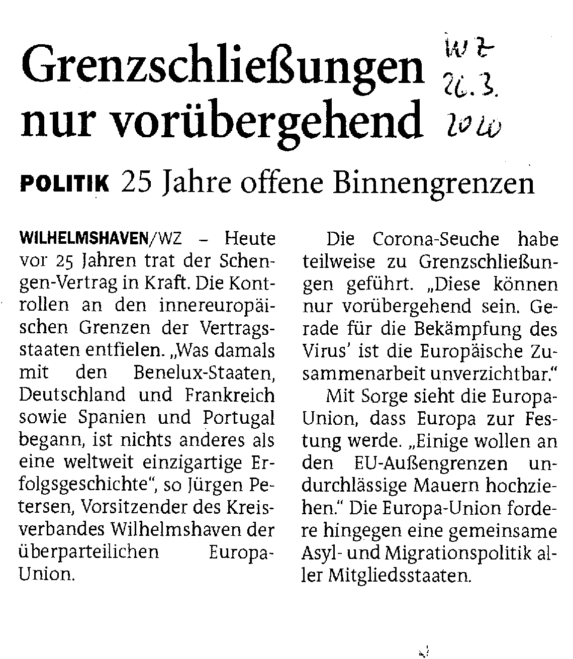 Wilhelmshavener Zeitung vom 26.3.2020 zu 25 Jahre Schengen 