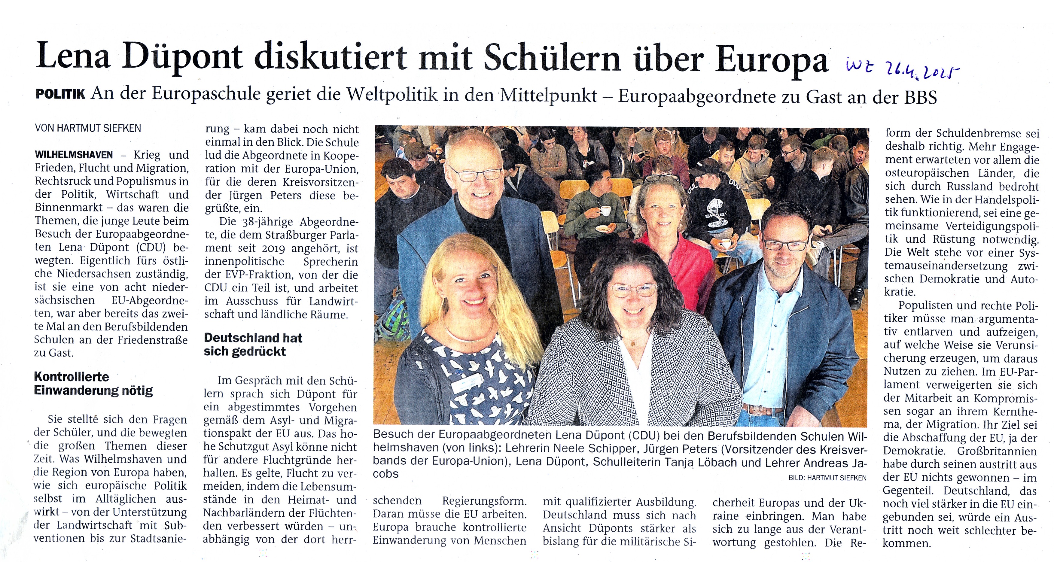 Artikel der Wilhelmshavener Zeitung vom 26. April 2025