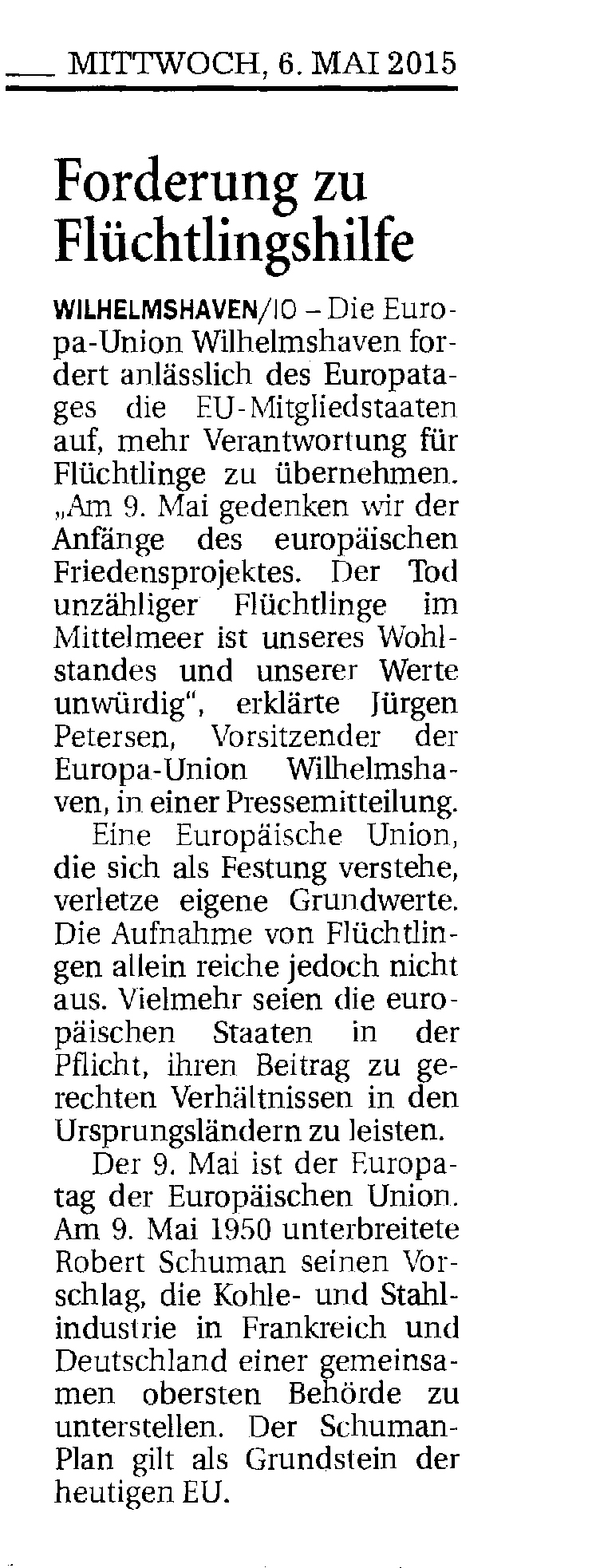 Wilhelmshavener Zeitung vom 6. Mai 2015