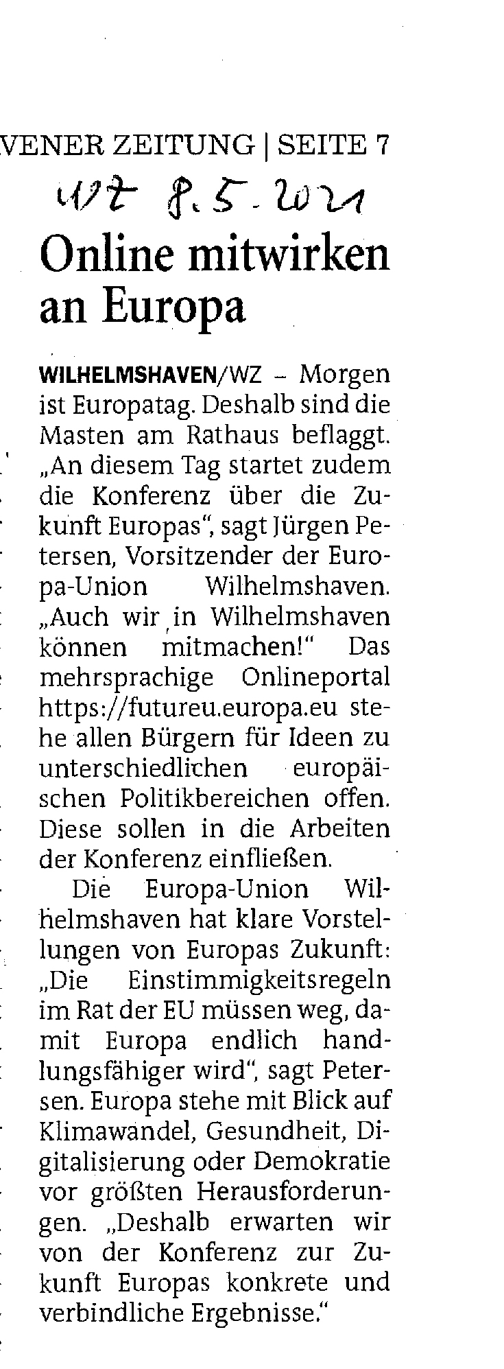 Bericht in der WZ am 8. Mai 2021 zum Europatag